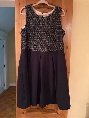 R&K Navy and Gold Sleeveless Midi Dress with Patterned Jacquard Bodice